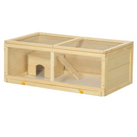 PawHut Wooden Hamster Cage with Sliding Tray for Gerbils - Natural Wood-With a hut and ramp