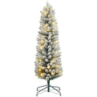 HOMCOM 5' Snow-Flocked Artificial Pencil Christmas Tree with Lights - Green-Snow flocked branches mimic a fresh, snowy winter scene 