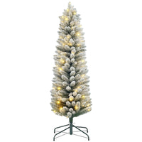 HOMCOM 5' Snow-Flocked Artificial Pencil Christmas Tree with Lights - Green-Snow flocked branches mimic a fresh, snowy winter scene 