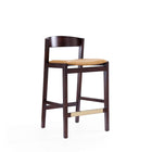 Manhattan Comfort Klismos 20" Mid-Century Modern Faux Leather Upholstered Counter Stool - Camel and Dark Walnut-Mid-Century Modern Counter Stool with Backseat Perfect for Bar and Kitchen Use
