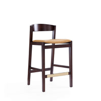 Manhattan Comfort Klismos 20" Mid-Century Modern Faux Leather Upholstered Counter Stool - Camel and Dark Walnut-Mid-Century Modern Counter Stool with Backseat Perfect for Bar and Kitchen Use