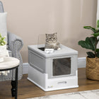 PawHut Enclosed Cat Litter Box with Scoop, Tray, Top Entry and Foldable - Grey-It keeps clean with complete walling, while a pull-out tray makes refills easy 