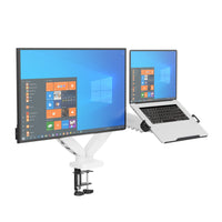 ShoppingAll Dual VESA Monitor and Laptop Mount with Fully Adjustable Gas Spring Arm and Office Desk Clamp - White-2-in-1 Compatibility: Supports 13"–32" monitors weighing 4.4–19.8 lb with VESA 75x75mm and 100x100mm mounting patterns and up to 18" laptops, perfect for ergonomic work setups. The mount can be converted from a dual monitor arm to a monitor and laptop mount. (Laptop Tray Included)