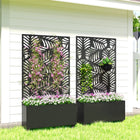 Outsunny Metal Planter Box on Wheels with 63" H Trellis - 35" L x 12" D - Monstera Leaf Cut-Outs-Two lockable wheels make it in place 