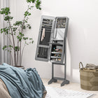 HOMCOM Freestanding Mirror Jewelry Cabinet - 11.75" L x 57.5" W x 14.25" H - Grey-Including 3 bottom shelf, 3 rows of earring holes, 5 necklace hooks, 3 scarf rod, a storage bag, ring holders, 9 eyebrow pencil holder, a mirror and a fold up table 