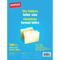 Staples Recycled Manila File Folders - Letter Size - 100 Pack-Has reversible 1/2-cut tabs for easy labelling