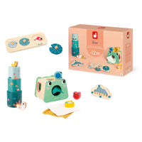 Janod Toy Box 4-Piece Set for 12 Months-This box has been developed in collaboration with a psychomotor specialist to help gradually promote your child’s psychomotor development and future skill acquisitions
