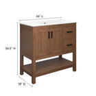 Modway Ashlyn 36" Wood Bathroom Vanity - Walnut/White-Soft-close Hinges