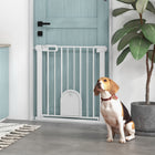 PawHut 30"-32" Extra Wide Pet Gate Barrier with Small Door - 30"H - White-Adult can open the door with a single hand by sliding the button on both end at the same time and lift