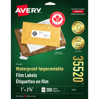 Avery Rectangle Waterproof Film Labels - 1" x 2-5/8" - White - 300 Labels-White Address Labels