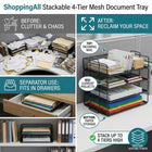 ShoppingAll Stackable 4-Tier Mesh Document Tray -Constructed from industrial-strength steel wire mesh with a reinforced metal frame, ensuring the trays remain rigid and stable even when holding heavy reams of paper.