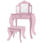 Qaba Kids Vanity Table & Stool Girls Dressing Set - Pink-The 2 piece set includes a vanity makeup table and matching stool
