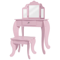 Qaba Kids Vanity Table & Stool Girls Dressing Set - Pink-The 2 piece set includes a vanity makeup table and matching stool
