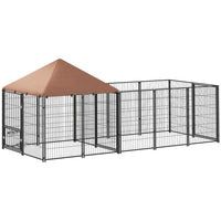 PawHut Outdoor Dog Kennel with Adjustable Height Rotating Bowls - 11.3' x 4.7' x 5.1' - Coffee-A private room and an activity area provide freedom and rest 