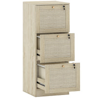 HOMCOM 3-Drawer Letter/A4 Filing Cabinet Lockable - Oak-Natural rattan drawer fronts and wood grain finish create boho style accent
