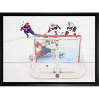Leon Draisaitl Oilers 2025 SCF OT Winning Goal Shot - Framed Canvas - 31" x 22"-Premium canvas print with gallery-wrapped edges