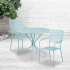 35.25'' Round Sky Blue Indoor-Outdoor Steel Patio Table Set with 2 Square Back Chairs [CO-35RD-02CHR2-SKY-GG]-Sky Blue Powder Coat Finish