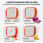 Bell+Howell Nutrichopper Multi-Purpose Food Chopper-5X FASTER CUTTING It is made of stainless-steel razor-sharp blades that can chop or slice vegetables, onions and fruits multiple times in one single squeeze.
