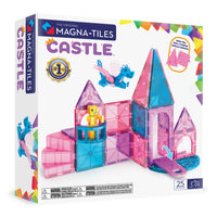 MAGNA-TILES Castle 25-Piece Magnetic Construction Set-What’s Included: 25 magnetic pieces, including 1 Drawbridge, 1 Dragon Figure, 1 Royalty Figure, 1 Spiral Staircase, 1 Balcony, 2 Windows, 2 Equilateral Triangles, 2 Quarter Circles, 4 Isosceles Triangles (2 Glitter, 2 Standard) and 10 Squares (4 Glitter, 6 Standard). 