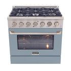 Kucht 36" KNG Series Pro Style Propane Gas Range - Stainless Steel/Light Blue-6-burner gas range includes one 20 000 BTU dual burner featuring TrueSimmer, one 15 000 BTU burner, one 12 000 BTU burner, two 9 000 BTU burners and one 6 000 BTU low-simmer burner