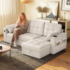 HOMCOM Pull Out Sleeper Sofa Bed with USB Ports and Chaise Storage - Beige-Chaise storage, armrest storage, side pockets and cup holder for order