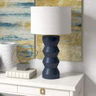Hudson&Canal Carlin 27" Tall Ceramic Table Lamp with Fabric Shade - Matte Navy/White-Handcrafted matte navy finish is applied to the round ceramic base