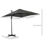 Outsunny Square Offset Patio Umbrella with 360° Rotation and Tilt - 8' x 8' - Grey-Aluminum pole and eight steel ribs with powder coating support a UV resistant 200g polyester cloth canopy for years of beautiful use