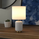 Hudson&Canal Lambert 15" Tall Ceramic Table Lamp with Fabric Shade - Matte White/Brass/White-Includes a 6 ft. cord with rocker switch