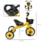 Qaba Kids Tricycle with Adjustable Seat and Basket - Yellow-Features a fun and functional bell and basket 