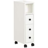 Kleankin Slim Mobile Bathroom Storage Cabinet on Wheels - White-White frame with black handles, a stylish and stand-out look  