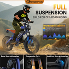 Gyrocopters Ocean Electric Dirt Bike for Adults - Speed 55 kmph - PAS Range 115 km -Blue- It integrates a front suspension fork, a rear shock absorber, and an additional absorber to nullify vibrations and impacts, delivering a ride quality that is both plush and responsive