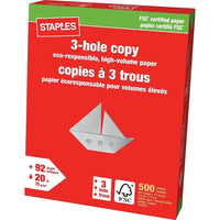 Staples FSC-Certified 3-Hole Punched Copy Paper - 8.5" x 11" - White - 500 Sheets-8.5" x 11" (Letter Size)