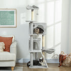 PawHut 63" Cat Tree with Sisal Scratching Posts and Condos - Light Grey-Top cat-ear perch with a dangling ball offers a playful lookout 