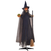 HOMCOM Animatronic Witch with Broomstick Prop Halloween Decoration-A witch with a broomstick design with a bendable arm 