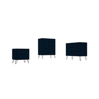 Manhattan Comfort Rockefeller Mid-Century Modern 3-Piece Bedroom Dresser Set - Tatiana Midnight Blue-Mid-Century Modern Tall Dresser, Standard Dresser and Nightstand Dresser for Bedroom Use. Set of 3.