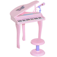 Qaba Mini Electronic Musical 37-Key Keyboard Piano Toy with Microphone Stool - Pink-Adjustable volume and tempo and flashing lights, follow the red lights on the keyboard 