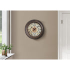 Monarch Specialties Clocks 15" Round Wall Clock - Antique Brown -Accurate timekeeping with quartz movement and an easy to read, roman numeric analog display with a printed gear background, for a stylish home decor upgrade