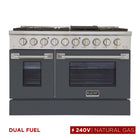 Kucht 48" KDF Series Pro Style Natural Gas Dual Fuel Range - Stainless Steel/Cement Grey-Professional class range features 2-20000 BTU dual burners with simmer, 2-12000 BTU burners, 2-9000 BTU burners and 2-6000 BTU burners