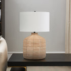Hudson&Canal Jolina 27" Tall Oversized/Rattan Table Lamp with Fabric Shade - Natural Rattan/White-Handcrafted natural rattan and brass finish is applied to the cylinder rattan and metal base