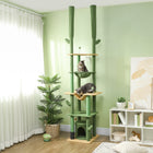 PawHut 89" - 100" Floor-To-Ceiling Cat Tree with Scratching Posts - Green-Includes two cat hammocks and a cat cave for comfort 