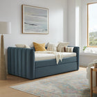 Modway Veyla Channel Tufted Performance Velvet Twin Daybed with Trundle - Cadet Blue-Channel Tufted Upholstered Frame