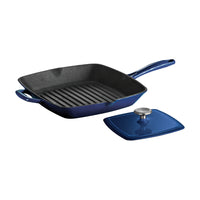 Tramontina Bestow 11" Enameled Cast Iron Grill Pan with Press - Gradated Cobalt-Cast iron construction provides superior heat retention and distribution