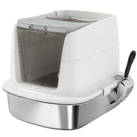 PawHut Large Stainless Steel Cat Litter Box with Lid and Metal Scoop - 20.6" L x 16.3" W - White-Stainless steel tray resists odours and is easy to clean 