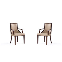 Manhattan Comfort Grand 22.5" Traditional Faux Leather and Velvet Upholstered Dining Armchair - Tan - Set of 2-Traditional Dining Armchair for Dining Room Use. Set of 2