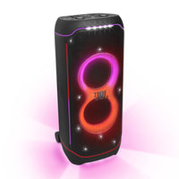 JBL PartyBox Ultimate - Massive Party Speaker with powerful sound, multi-dimensional lightshow, and splashproof design-The JBL PartyBox Ultimate can cover a massive space—we’re talking two basketball courts—with superior Original JBL Pro Sound. Featuring two drivers and mid range speaker to deliver louder sound. Dual tweeters and a pair of subwoofers means there’s going to be more than enough bass for even the most dedicated fans, while Dolby Atmos* provides immersive 3D spatial effects. This is the kind of