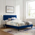 Modway Yasmine Channel Tufted Performance Velvet Full Platform Bed with Tapered Black Wood Legs - Navy-Bed Weight Capacity: 800 lbs