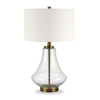Hudson&Canal Lagos 23" Tall Table Lamp with Fabric Shade - Seeded Glass/Brushed Brass/White-Coastal design for your living room, workspace, or bed side table