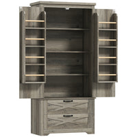 HOMCOM 64" H Kitchen Pantry Cabinet with Doors and Drawers - Grey-Distressed grey pantry with barn doors and black accents exudes farmhouse charm 