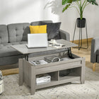 HOMCOM Lift Top Coffee Table with Hidden Storage and Open Shelves - Light Grey-Spacious rising tabletop creates a comfortable working area