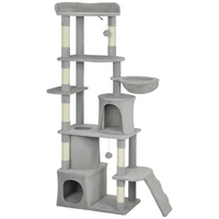 PawHut 67" Large Cat Tower with 7 Scratching Posts - Light Grey-This 66.9" all-in-one centre has a perch, condos, and hammock
